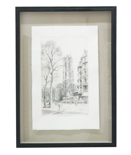 ‘La Tour Saint-Jacques’ by De Louis Willaume b. May 31st, 1874, Lagny-sur-Marne d.1949 Bois-Colombes Etching on Paper Frame Size: 22 ¼ x 29 ¾ x 2 inches